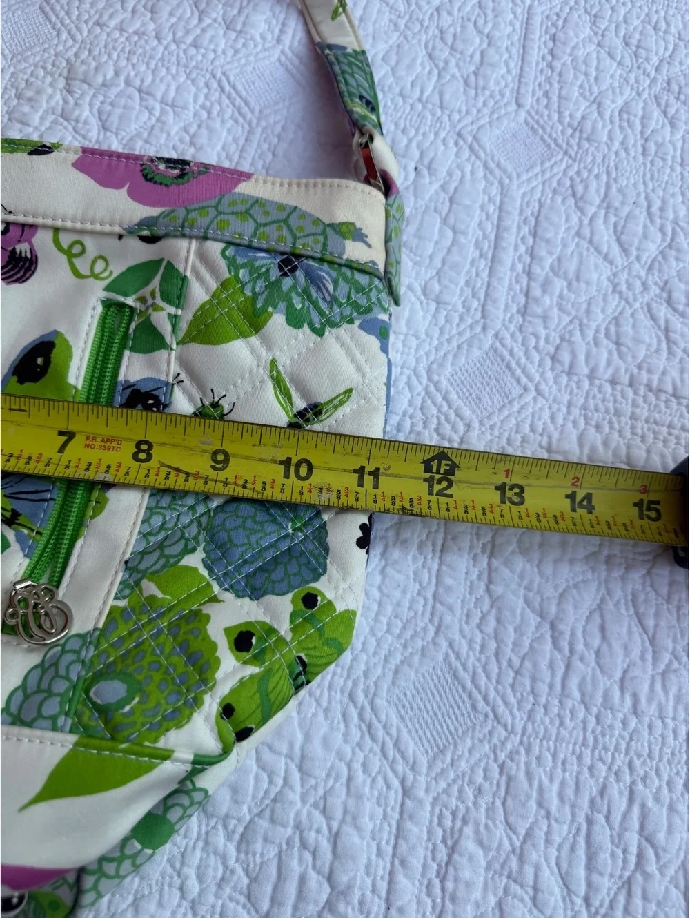 Vera Bradley Quilted Floral and Butterfly Print Shoulder Bag with Green Zipper